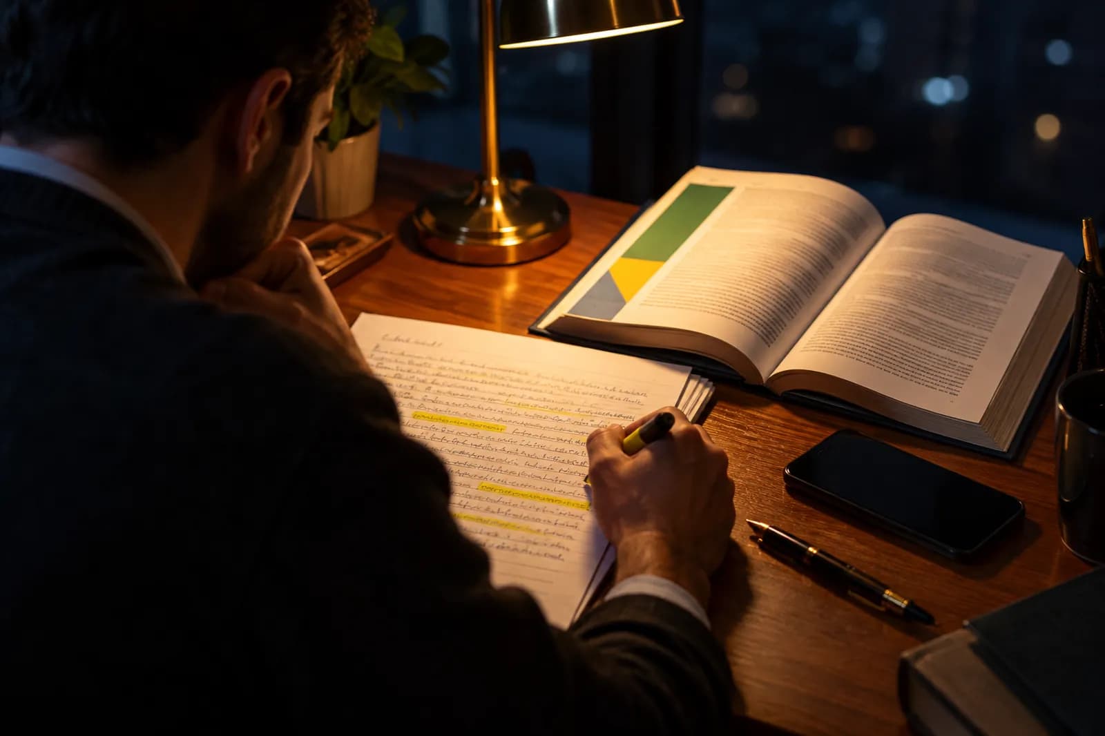 Candidato revisando a folha de resposta grifada à noite