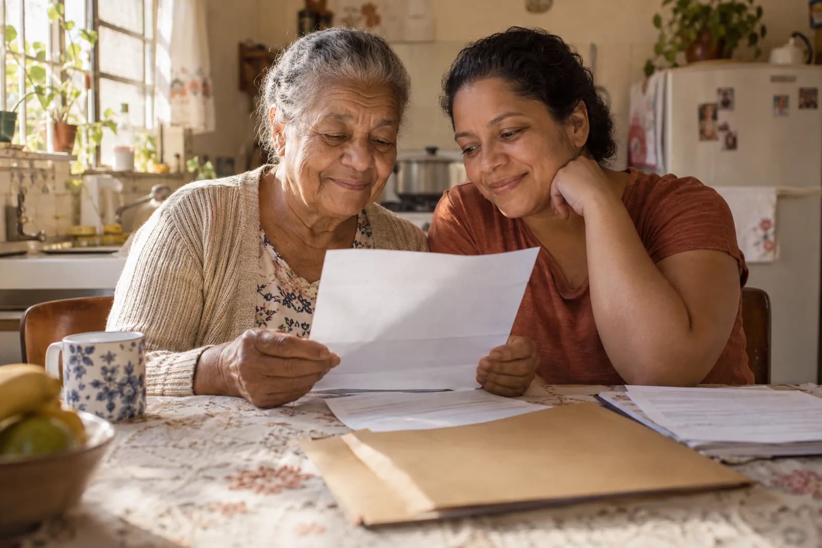 Mãe e filha lendo juntas uma carta na mesa da cozinha