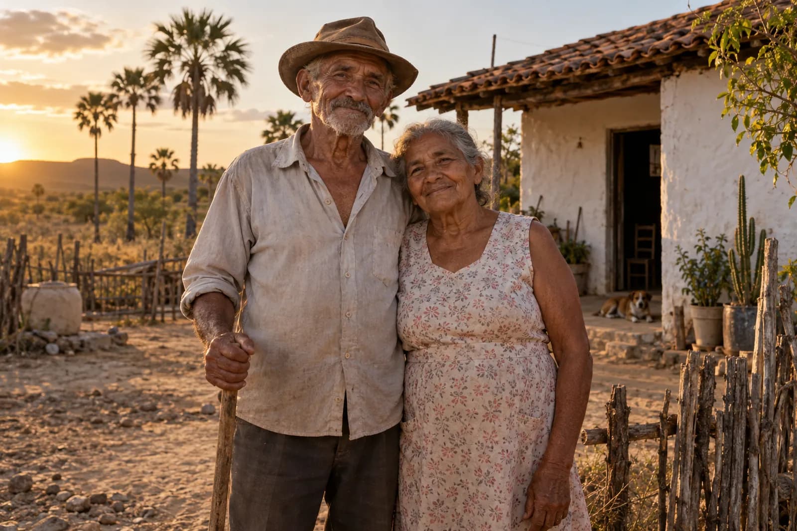 Casal de agricultores diante de casa no sertão, ao entardecer